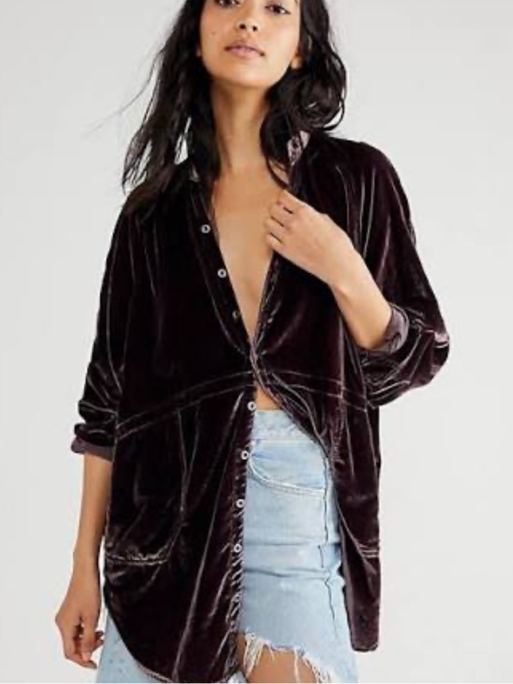 Free People We the Free Brown Summer Daydream Velvet Button Down Shirt XS